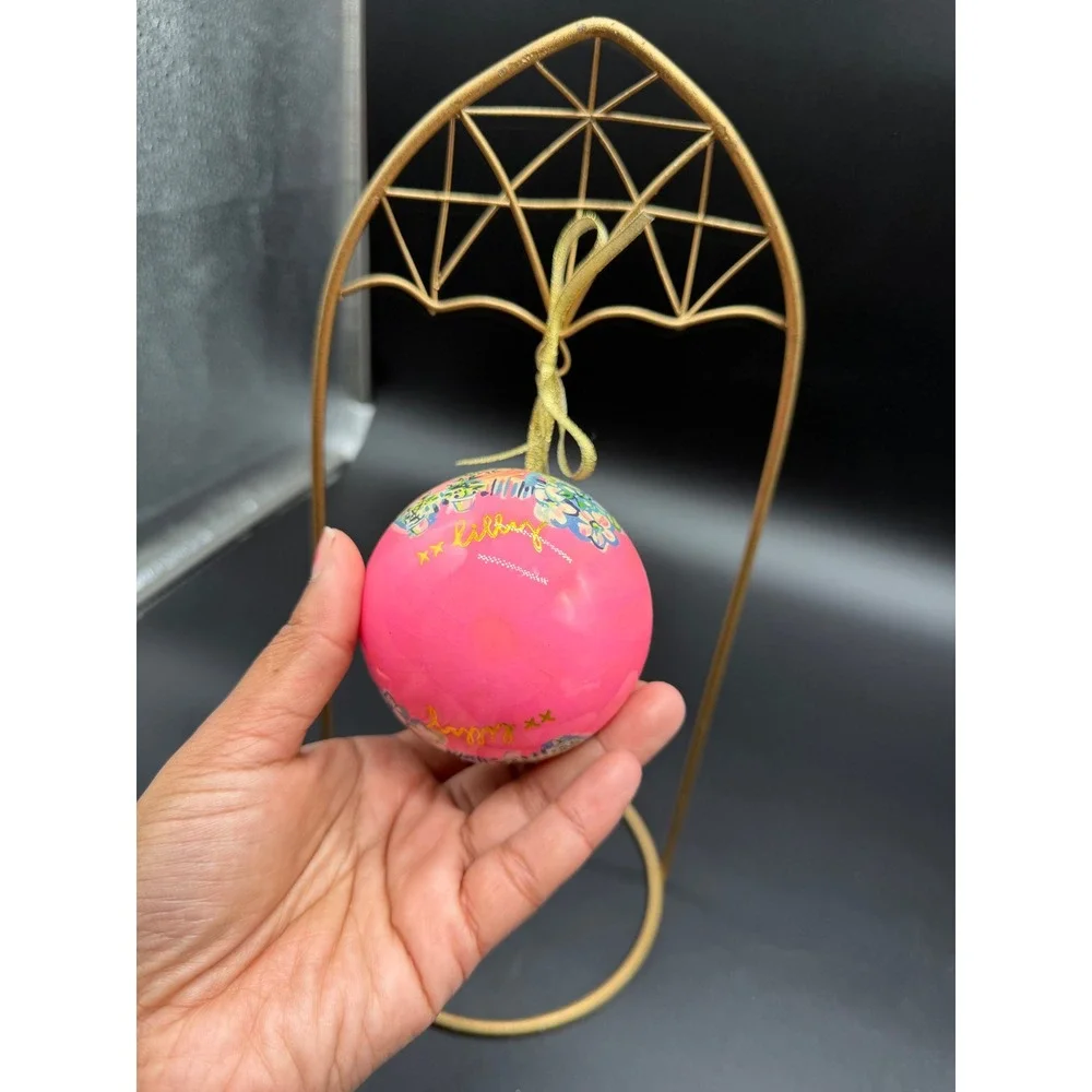 Lilly‎ Pulitzer Pink Tropical Palm Tree Christmas Ball Ornament Gold Ribbon 3in